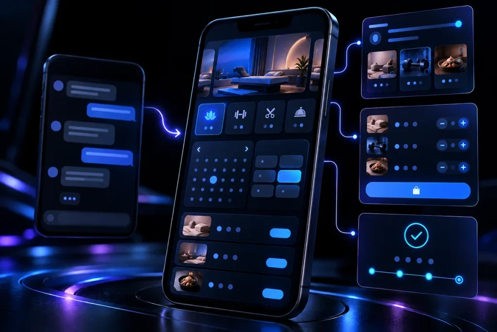 Интерфейс Telegram Mini App для выбора услуги, времени записи и оформления заказа