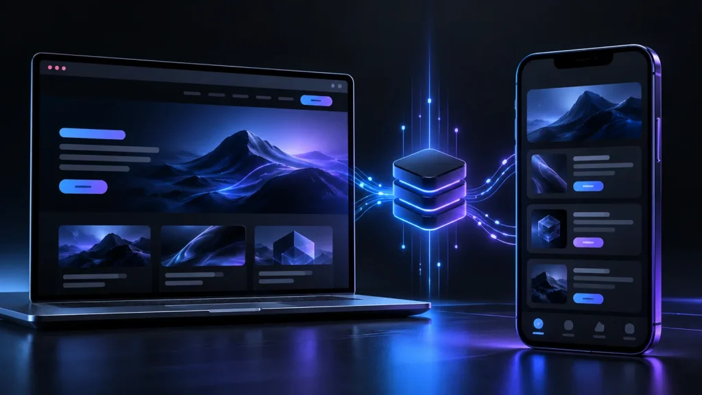 Ноутбук с обычным сайтом и смартфон с интерфейсом Mini App, соединённые с общей системой